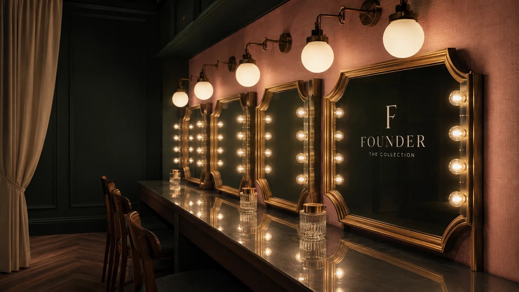 A row of bulb-lit gilt mirrors along a marble dressing counter, FOUNDER on the glass.