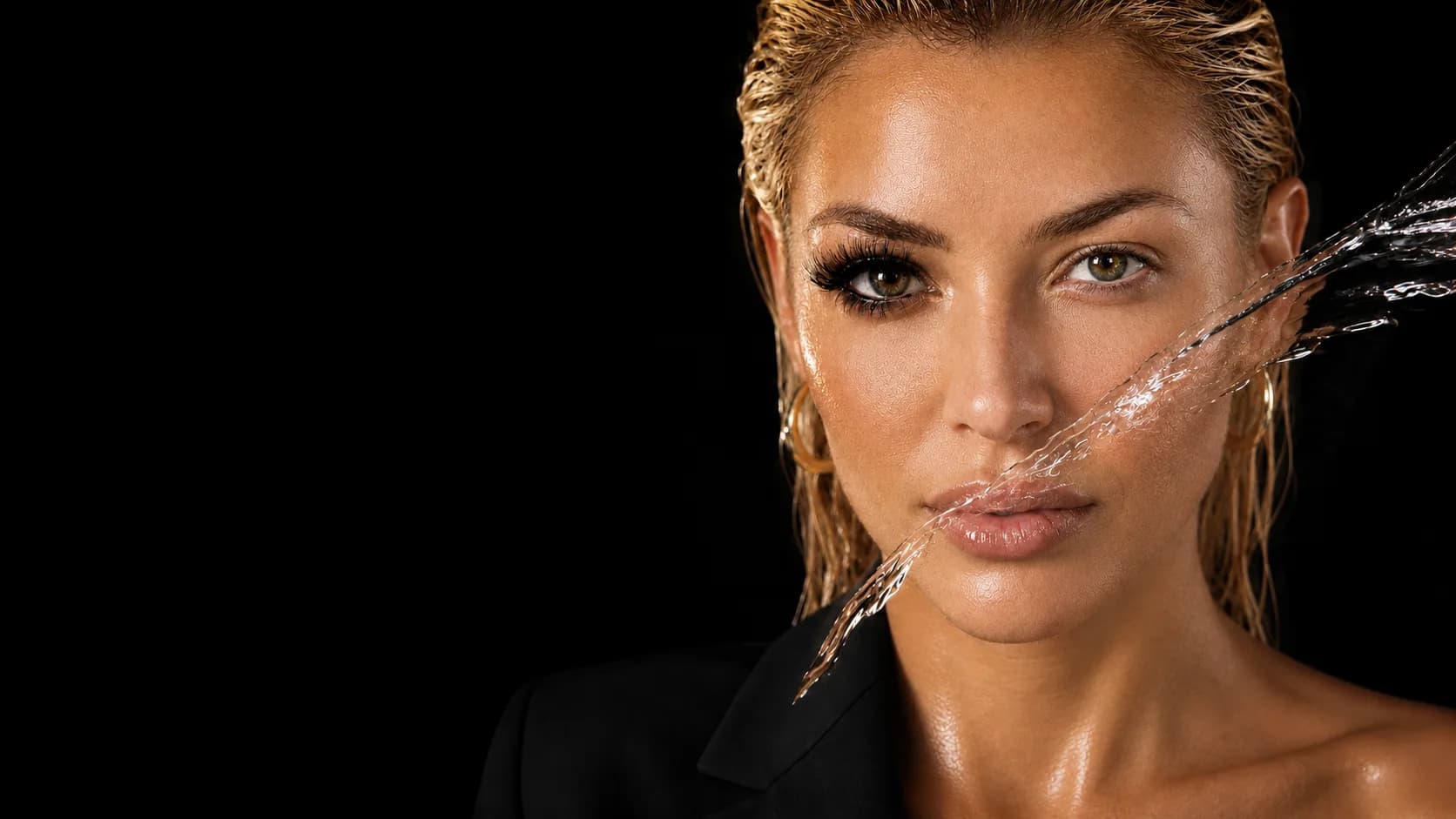 A woman looking straight at the camera against a black background, water crossing her face.