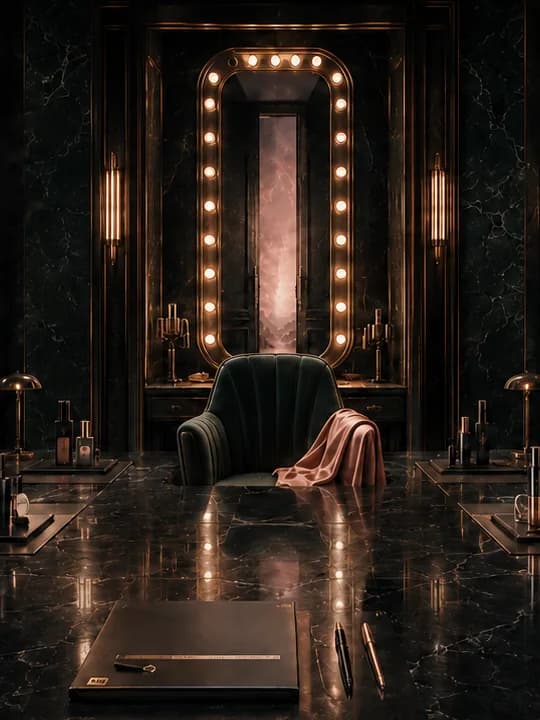 The FOUNDER Collection boardroom: a long black marble table set with striped packs at every seat, an empty green chair with a rose silk over its arm before a bulb-lit mirror.