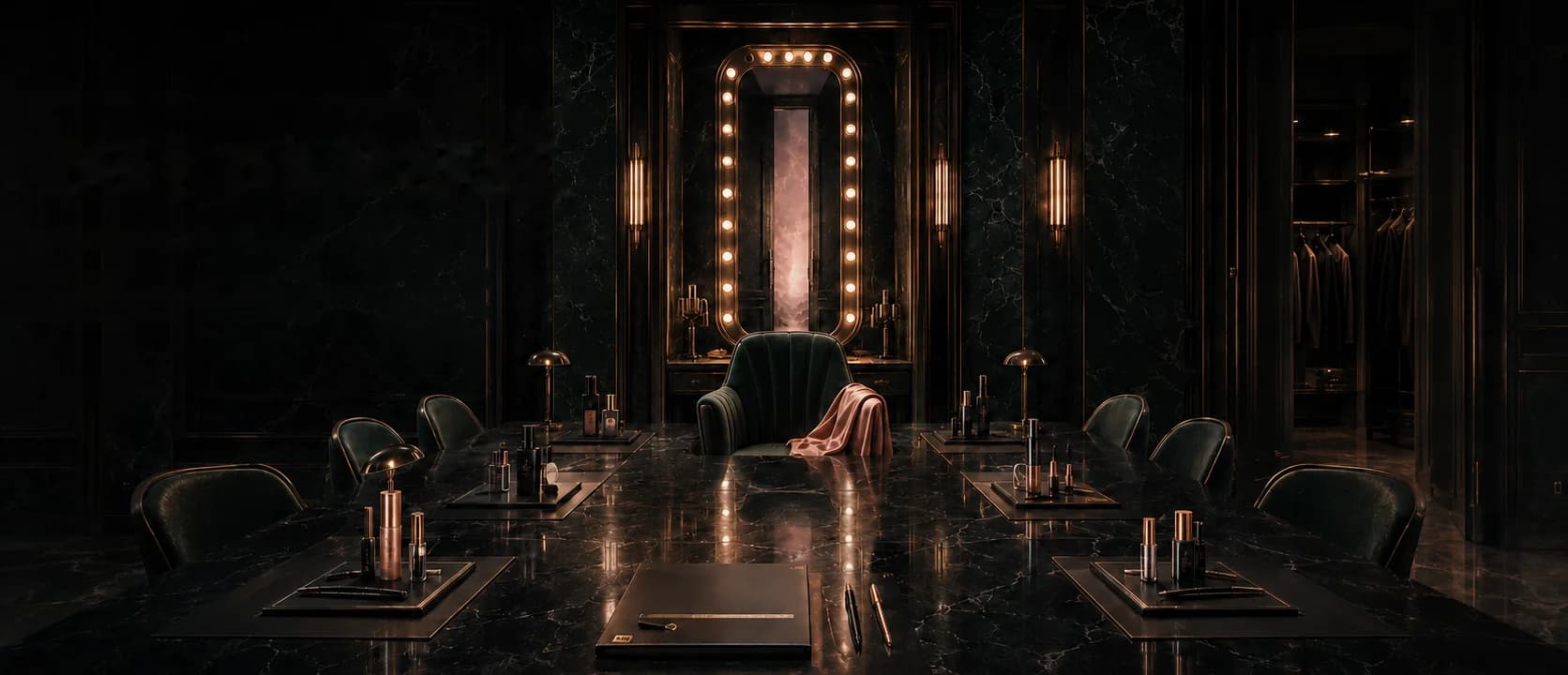 The FOUNDER Collection boardroom: a long black marble table set with striped packs at every seat, an empty green chair with a rose silk over its arm before a bulb-lit mirror.