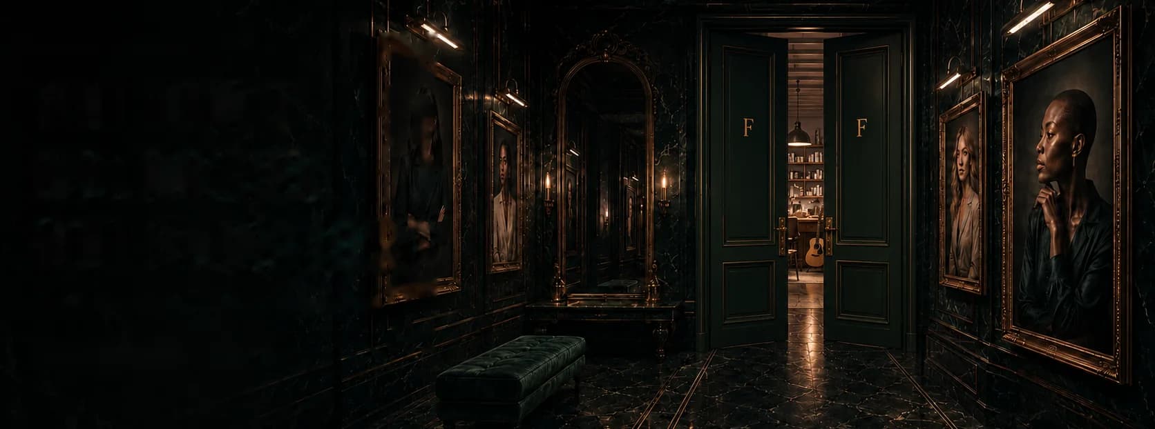 The Found Her hall: portraits along dark green panelling, tall doors standing open at the end.