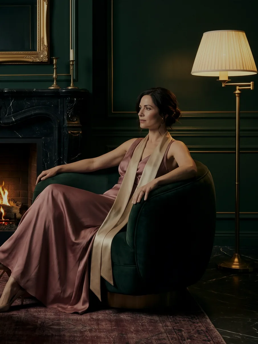 The FOUNDER sitting room: a woman in a rose silk gown with a champagne sash sits in a green velvet armchair beside a black marble fireplace, the fire lit, a brass lamp glowing, a cream blazer over the arm of the green sofa.