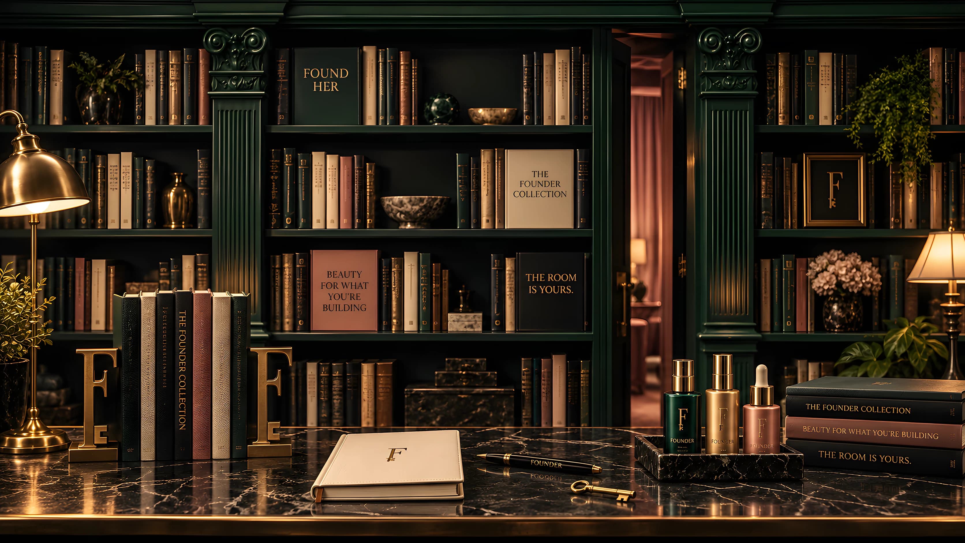 The library shelf: cloth-bound books, a brass ledge, The Room Is Yours on a spine.