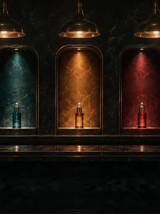 The serum salon: three lit marble niches in teal, gold and red, one bottle in each, over a black marble counter, pink desert sky through the arches either side.