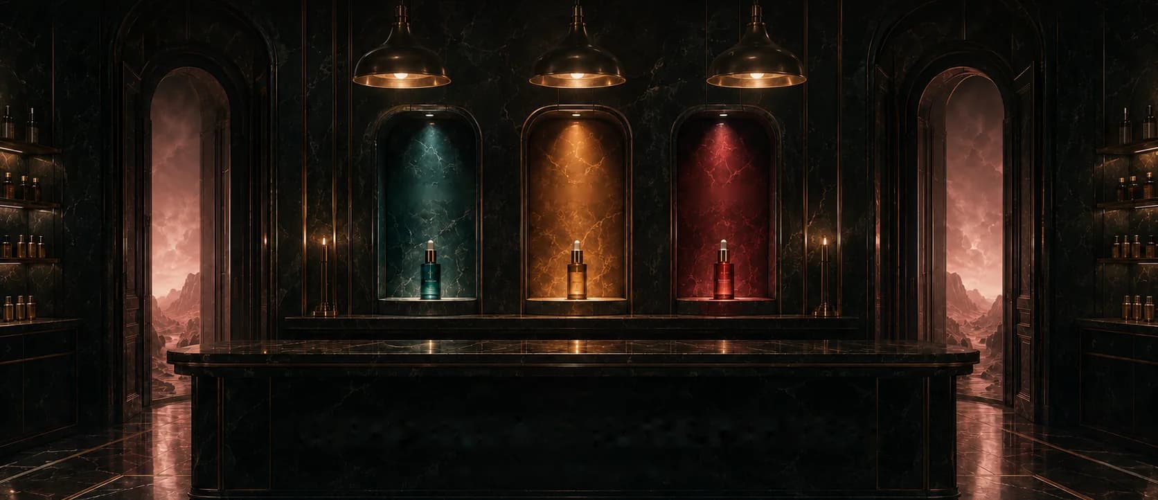 The serum salon: three lit marble niches in teal, gold and red, one bottle in each, over a black marble counter, pink desert sky through the arches either side.