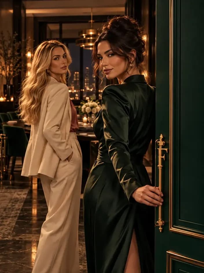 Two women at the threshold of the FOUNDER house: one in a deep green silk gown, her hand on the brass F handle of the open Founder Green door, and one in a cream suit and rose silk blouse, the firelit sitting room, candles and the city at night behind them.