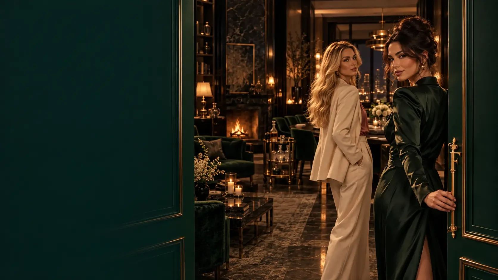 Two women at the threshold of the FOUNDER house: one in a deep green silk gown, her hand on the brass F handle of the open Founder Green door, and one in a cream suit and rose silk blouse, the firelit sitting room, candles and the city at night behind them.