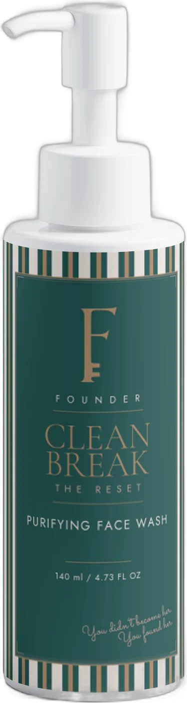 Clean Break: the purifying face wash bottle, Founder Green label with cream and green stripes and a white pump.