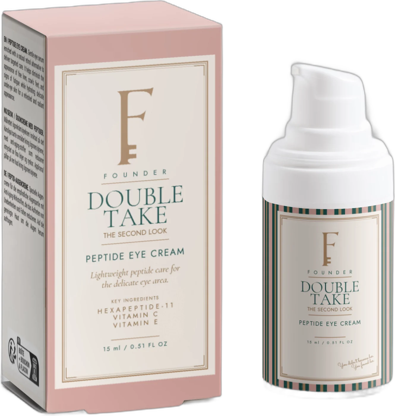 Double Take: the small eye-cream bottle and its carton, Desert Pink with a cream cartouche and gold crest.
