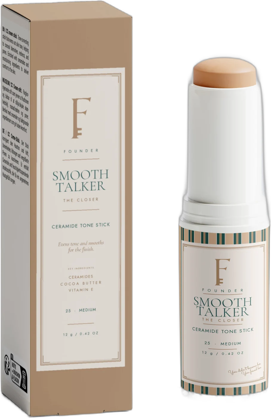Smooth Talker: the tinted stick in 25 Medium and its brass carton, with a cream cartouche and gold crest.